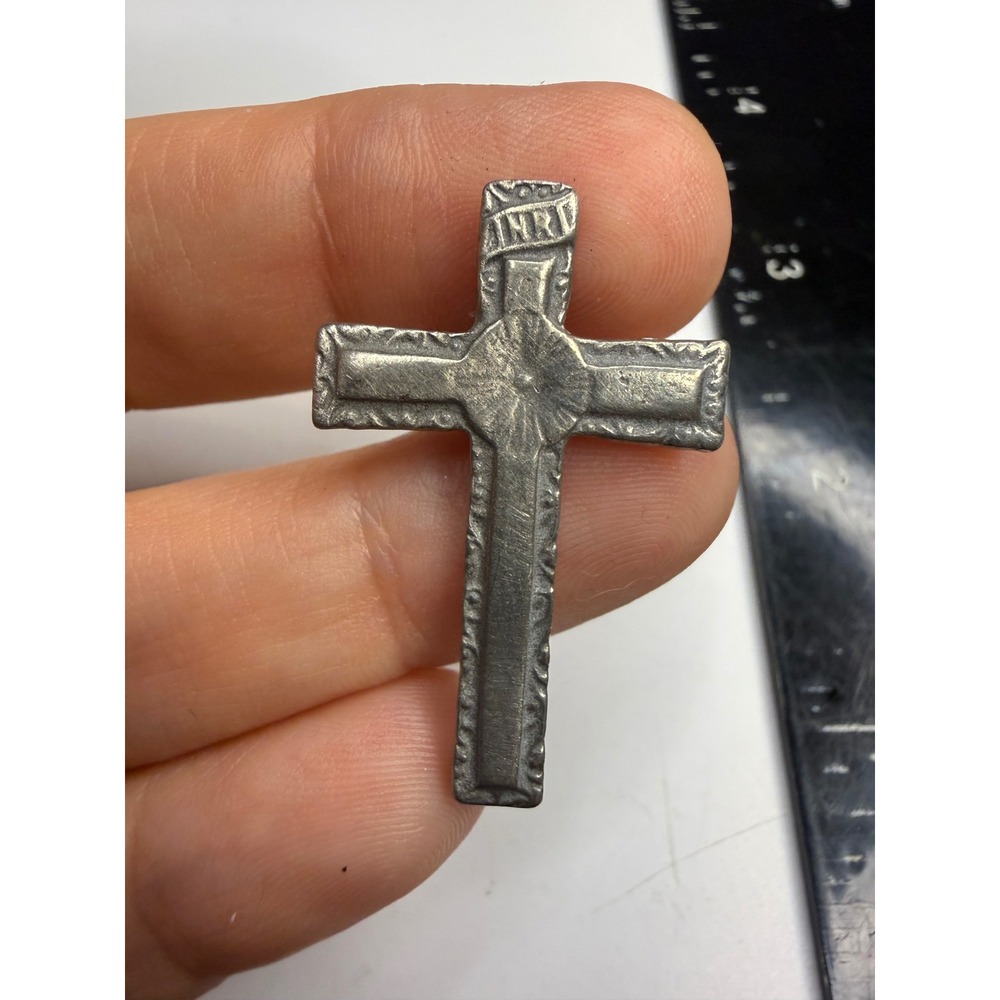 Pewter INRI Crucifix Lapel Pin Silver Tone Religious Cross Tie Tack 1.25 Inch
